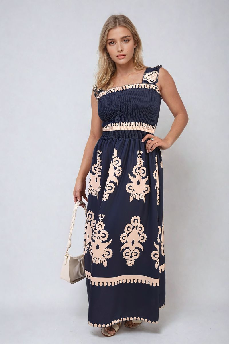 Smocked Sleeveless Flowy Tribal Print Summer Maxi Dress - Black River UK