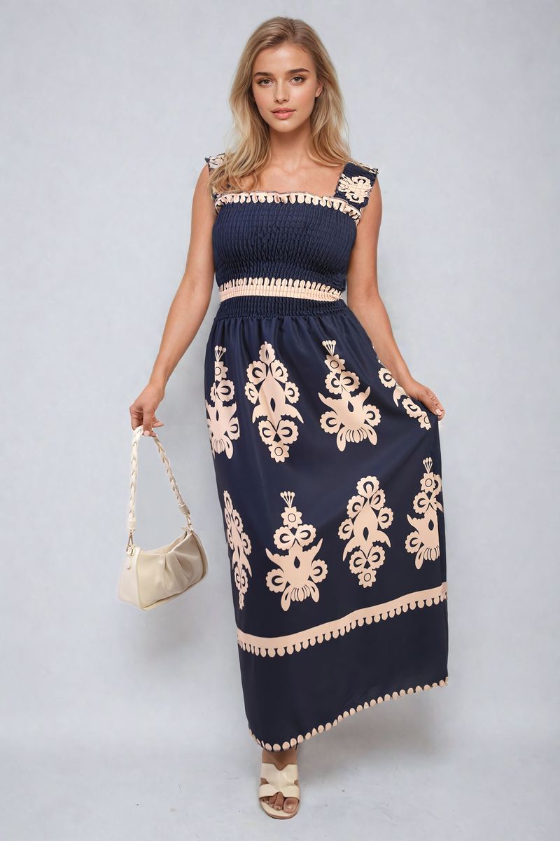 Smocked Sleeveless Flowy Tribal Print Summer Maxi Dress - Black River UK