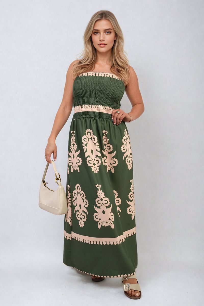 Smocked Sleeveless Flowy Tribal Print Summer Maxi Dress - Black River UK