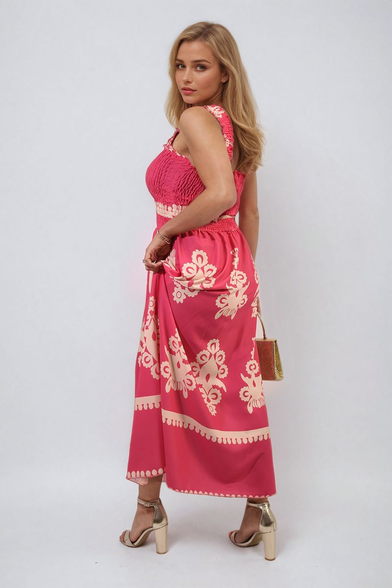 Smocked Sleeveless Flowy Tribal Print Summer Maxi Dress - Black River UK