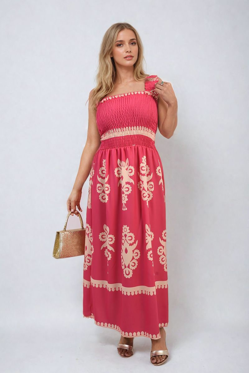 Smocked Sleeveless Flowy Tribal Print Summer Maxi Dress - Black River UK