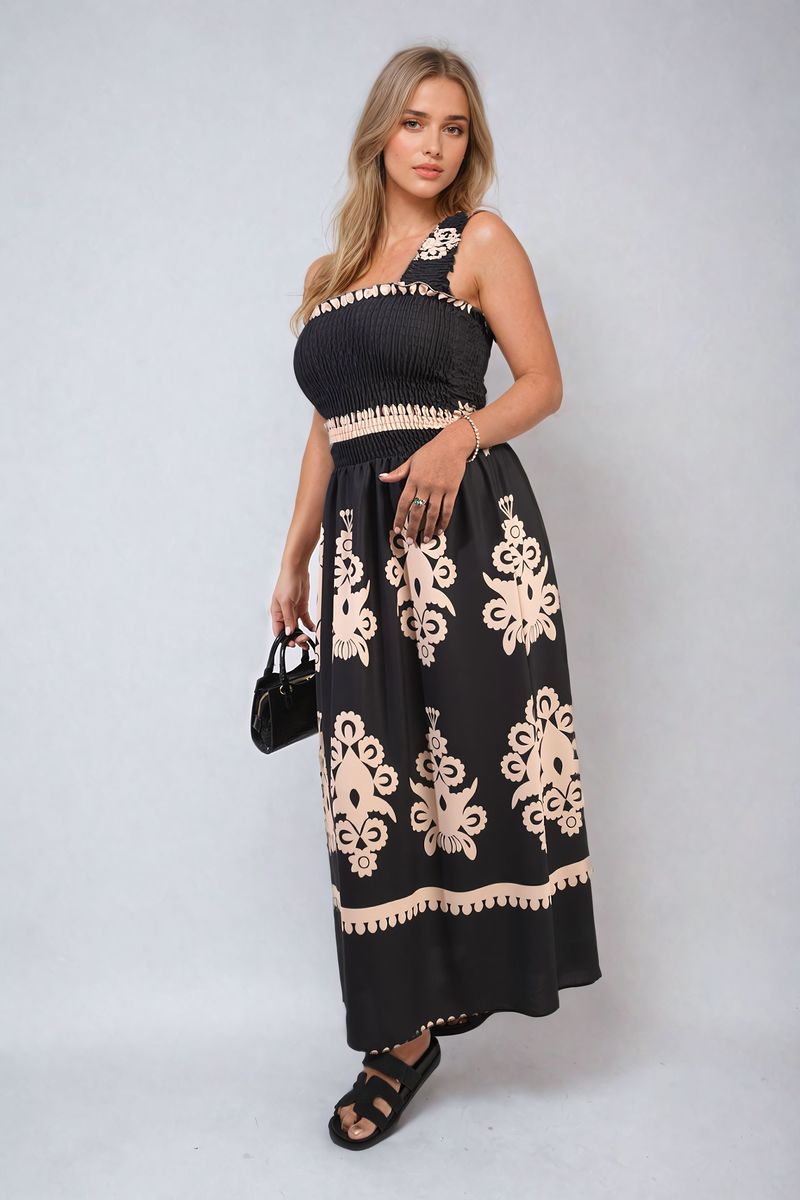 Smocked Sleeveless Flowy Tribal Print Summer Maxi Dress - Black River UK