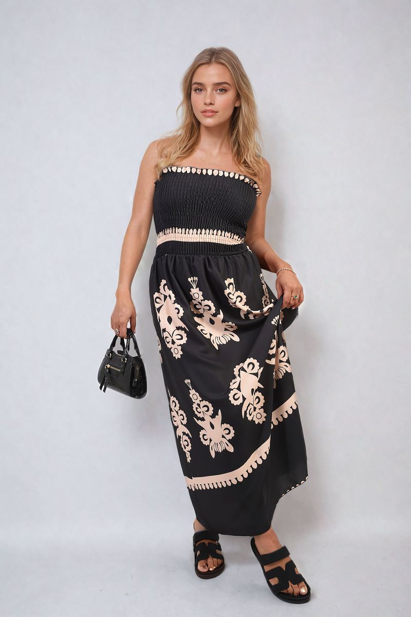 Smocked Sleeveless Flowy Tribal Print Summer Maxi Dress - Black River UK