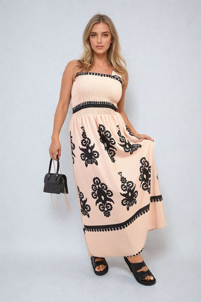 Smocked Sleeveless Flowy Tribal Print Summer Maxi Dress - Black River UK