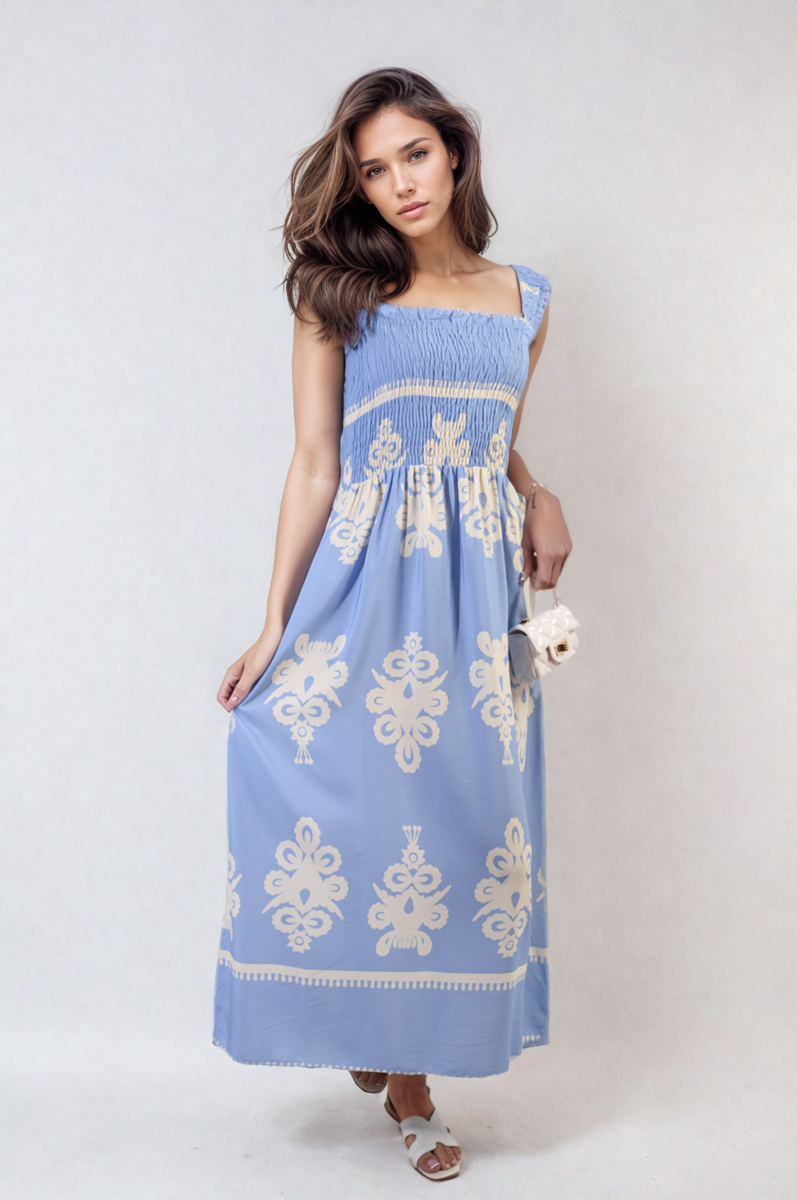 Smocked Sleeveless Flowy Tribal Print Summer Maxi Dress - Black River UK