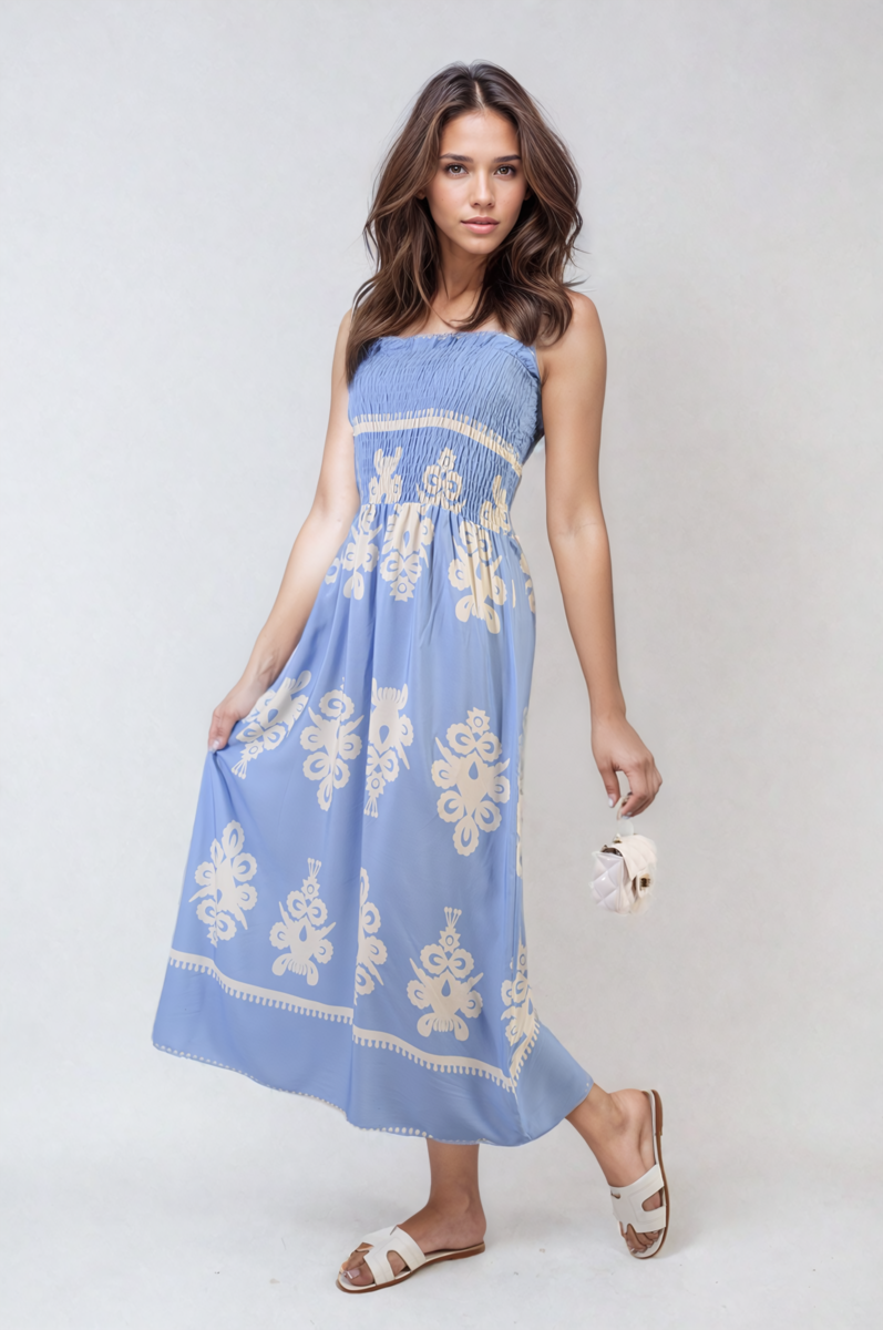 Smocked Sleeveless Flowy Tribal Print Summer Maxi Dress - Black River UK