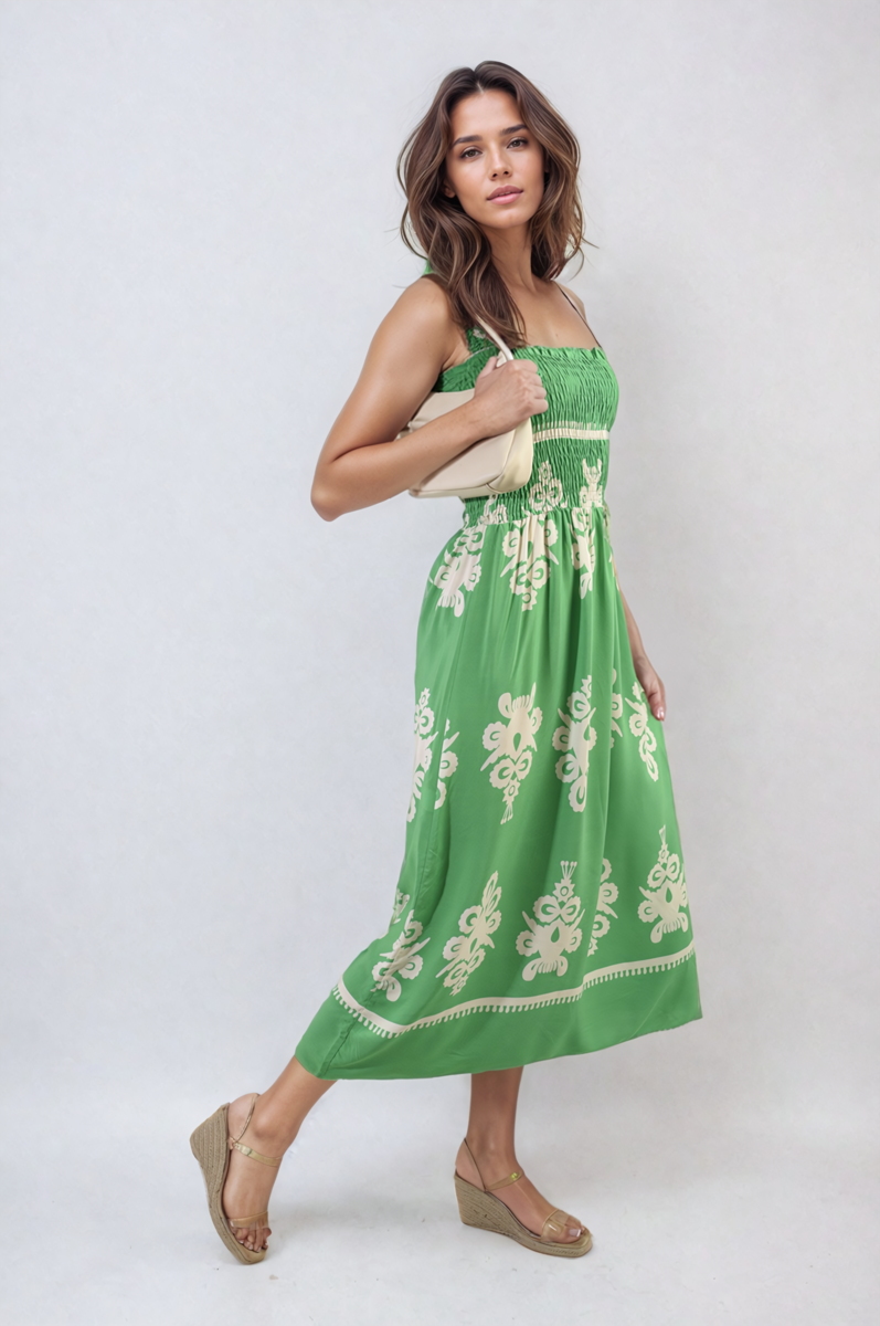 Smocked Sleeveless Flowy Tribal Print Summer Maxi Dress - Black River UK