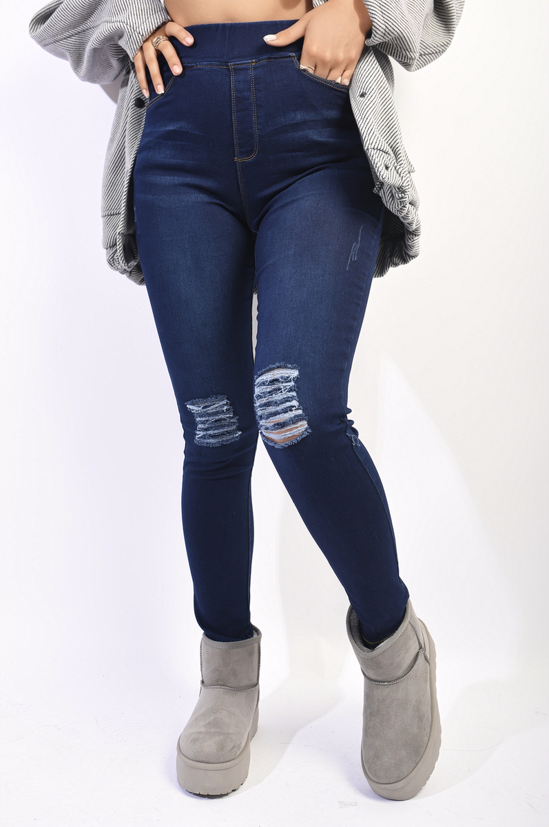 High Waisted Ripped Skinny Jeggings - Black River UK