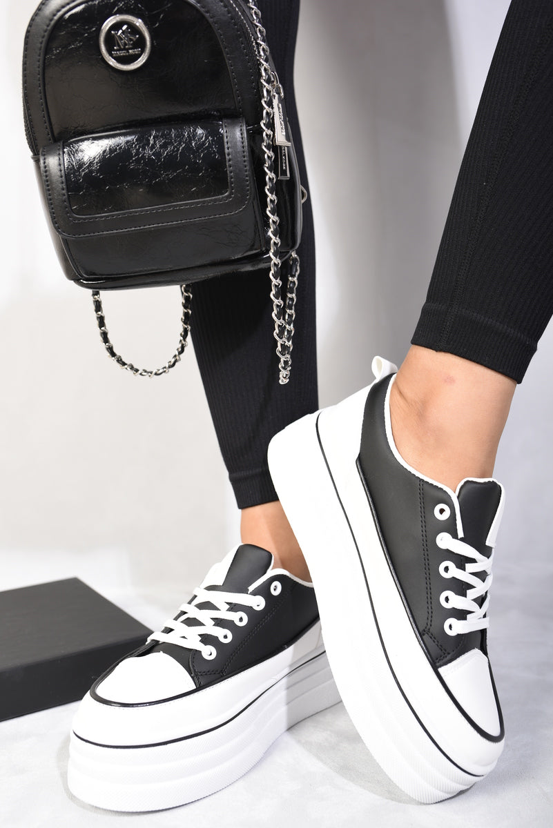 Platform Wedge Lace Up Trainers - Black River UK