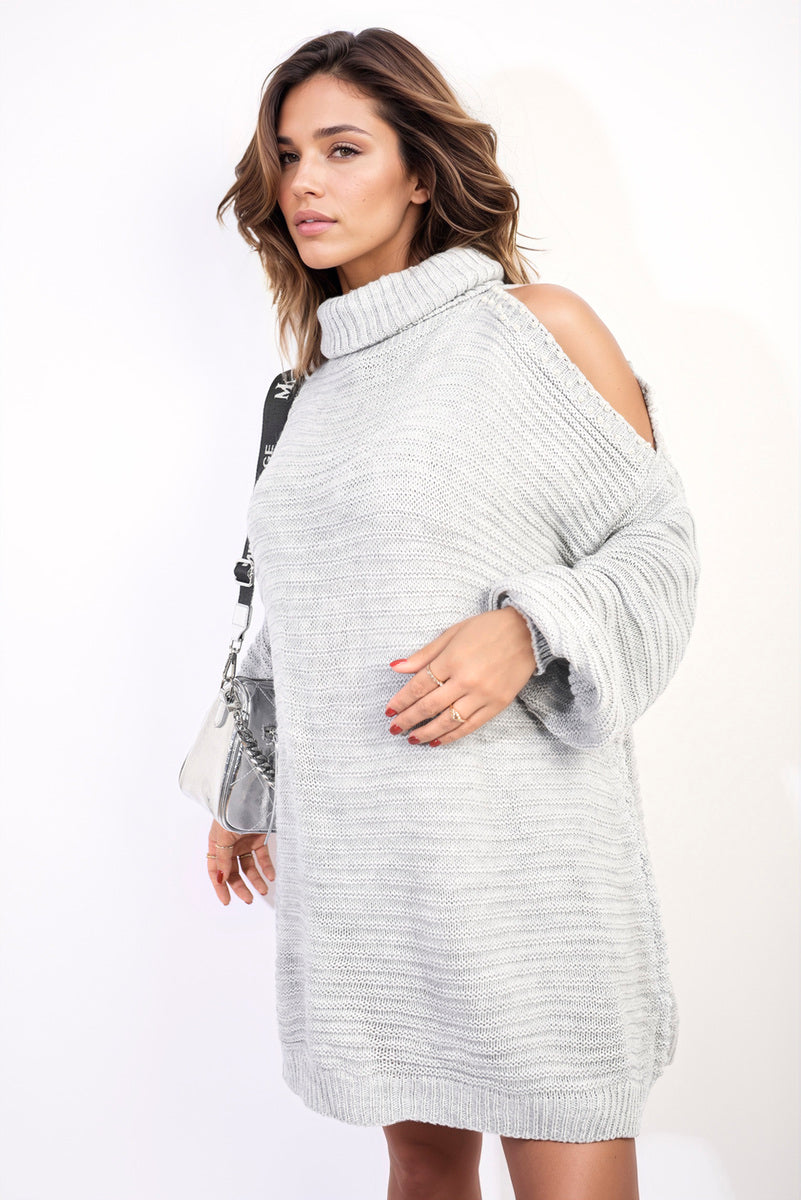 High Neck Oversized Open Shoulder Long Sleeve Knitted Jumper - Black River UK
