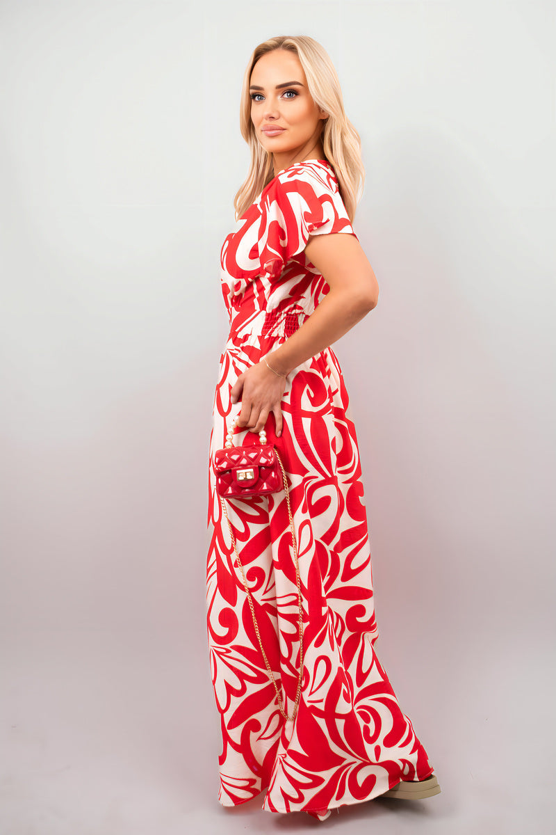 Printed Short Sleeve Button Down V-Neck Maxi Dress - Black River UK