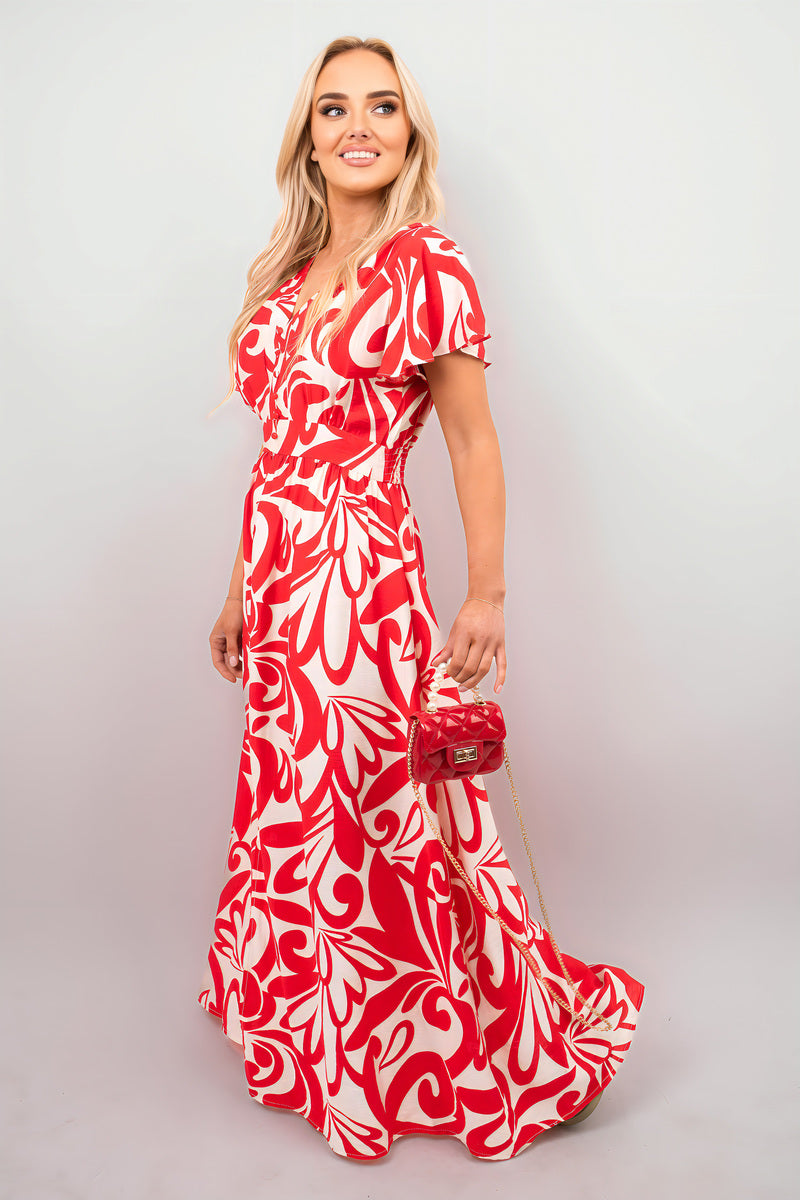 Printed Short Sleeve Button Down V-Neck Maxi Dress - Black River UK