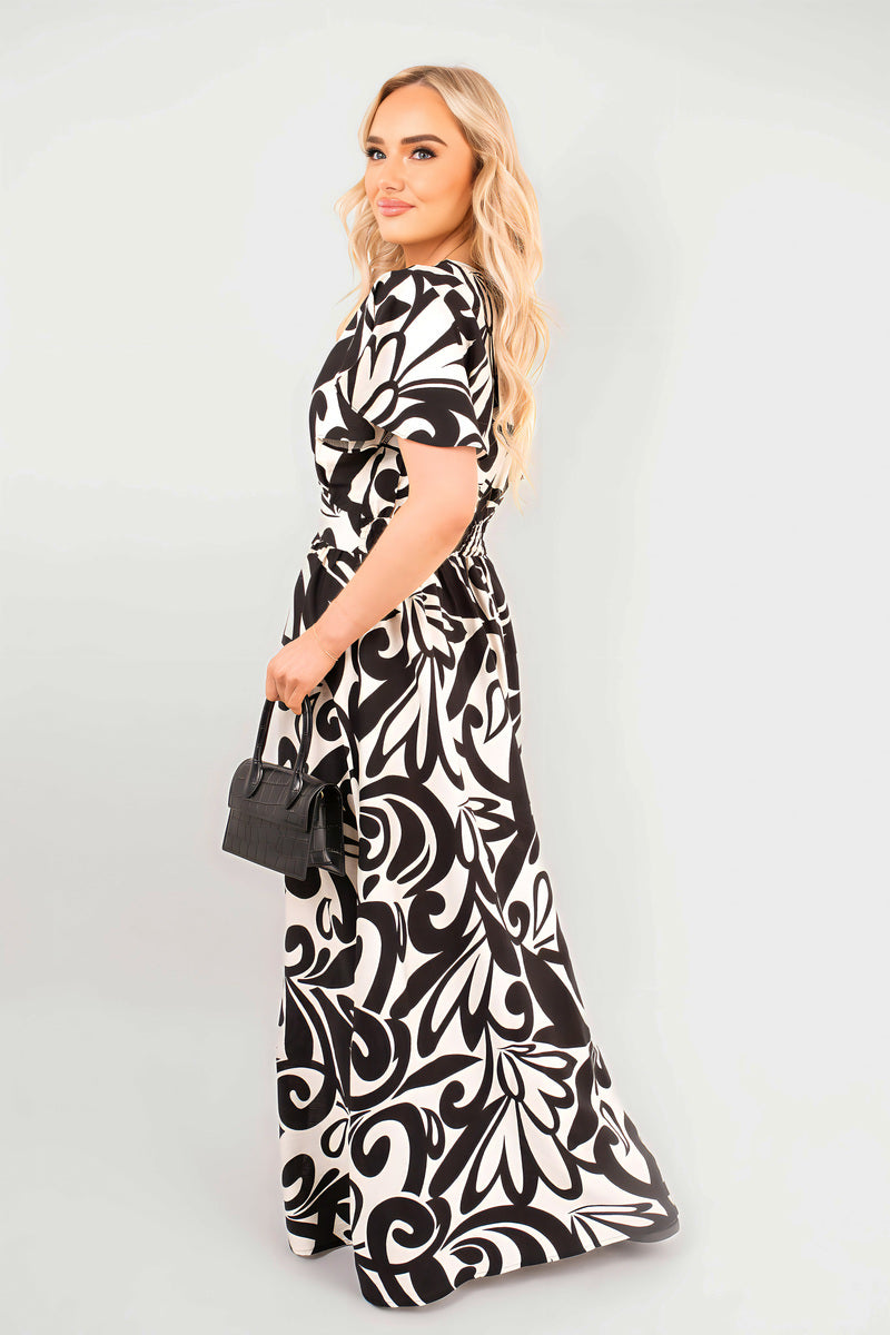 Printed Short Sleeve Button Down V-Neck Maxi Dress - Black River UK