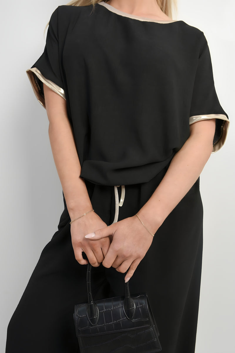Shiny Trim Short-Sleeved Top - Black River UK