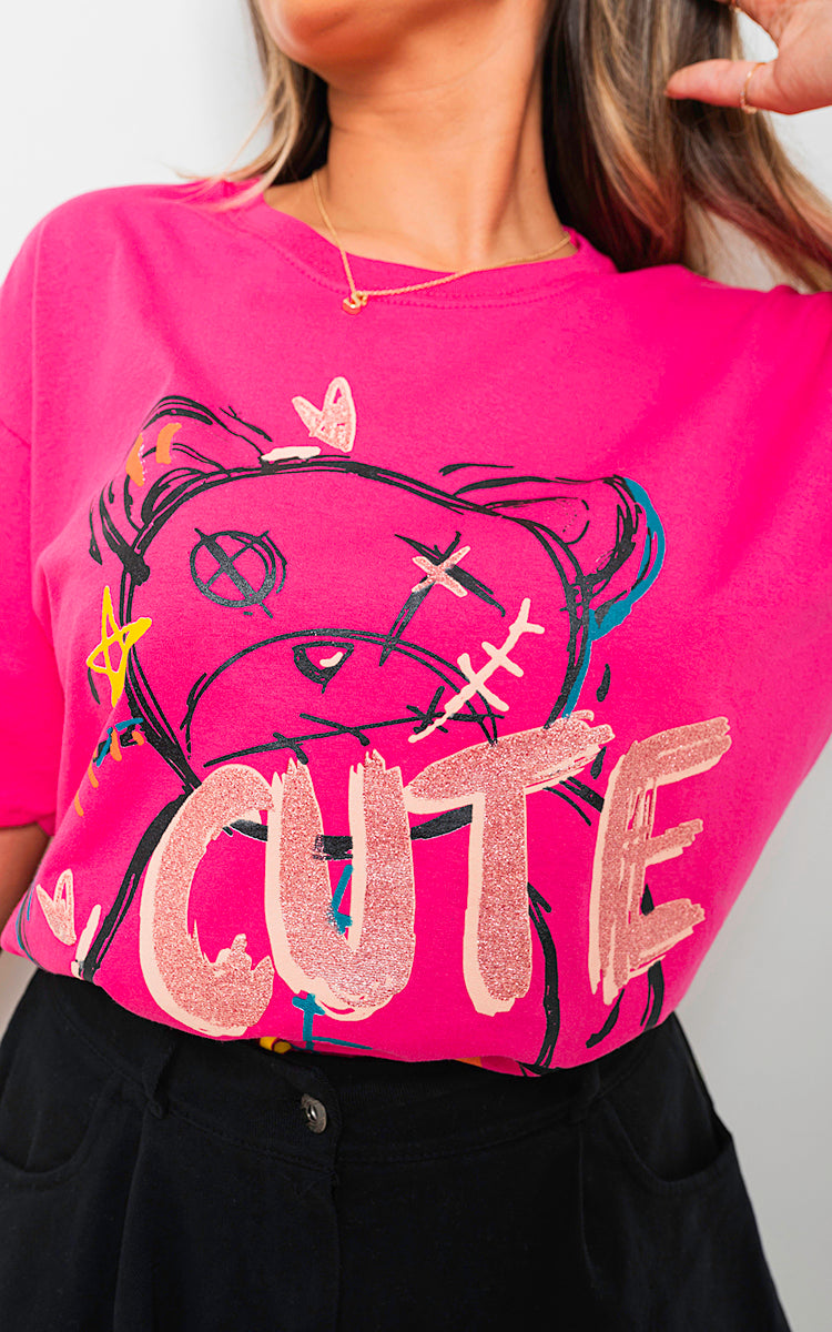 Cute Teddy Graphic Glitter Detail T-Shirt - Black River UK