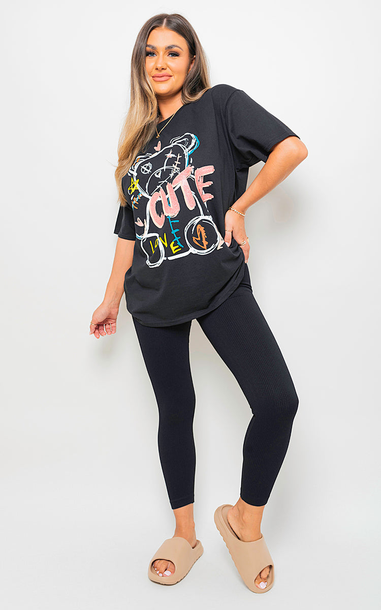 Cute Teddy Graphic Glitter Detail T-Shirt - Black River UK