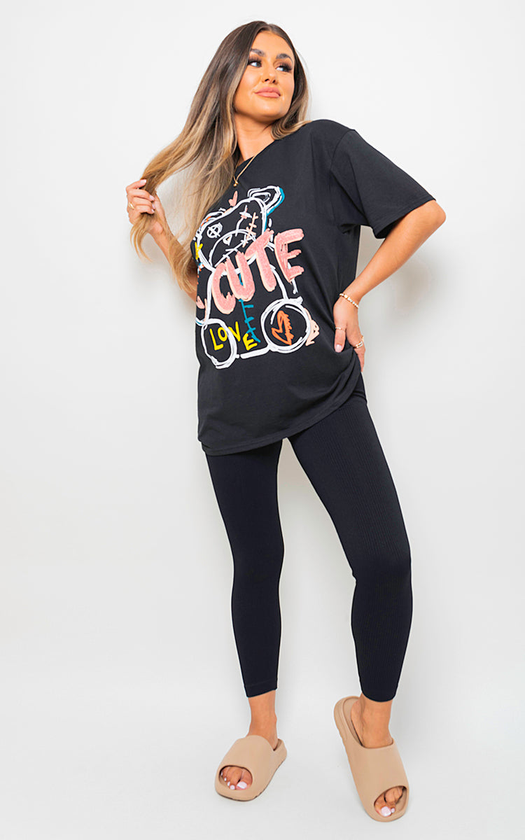 Cute Teddy Graphic Glitter Detail T-Shirt - Black River UK