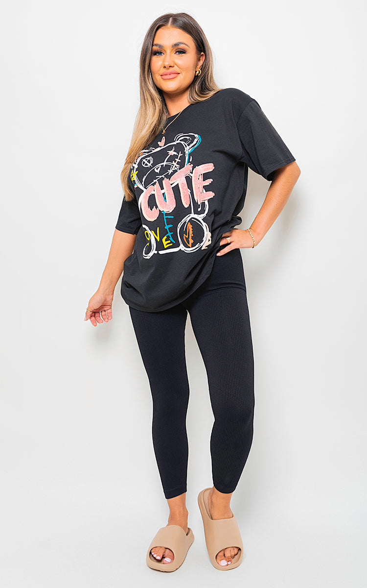 Cute Teddy Graphic Glitter Detail T-Shirt - Black River UK