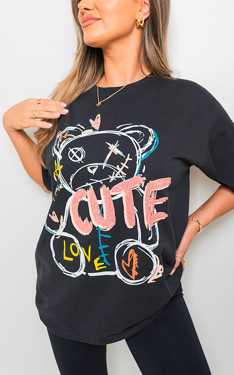 Cute Teddy Graphic Glitter Detail T-Shirt - Black River UK