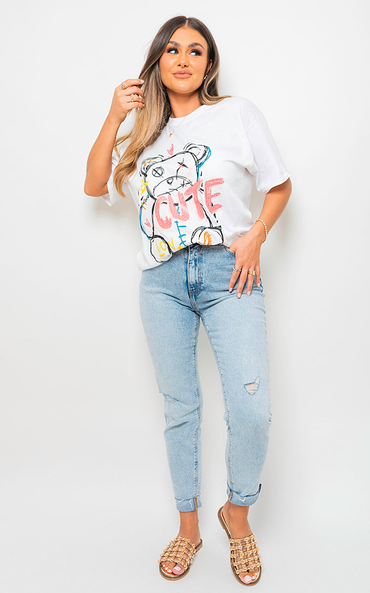 Cute Teddy Graphic Glitter Detail T-Shirt - Black River UK