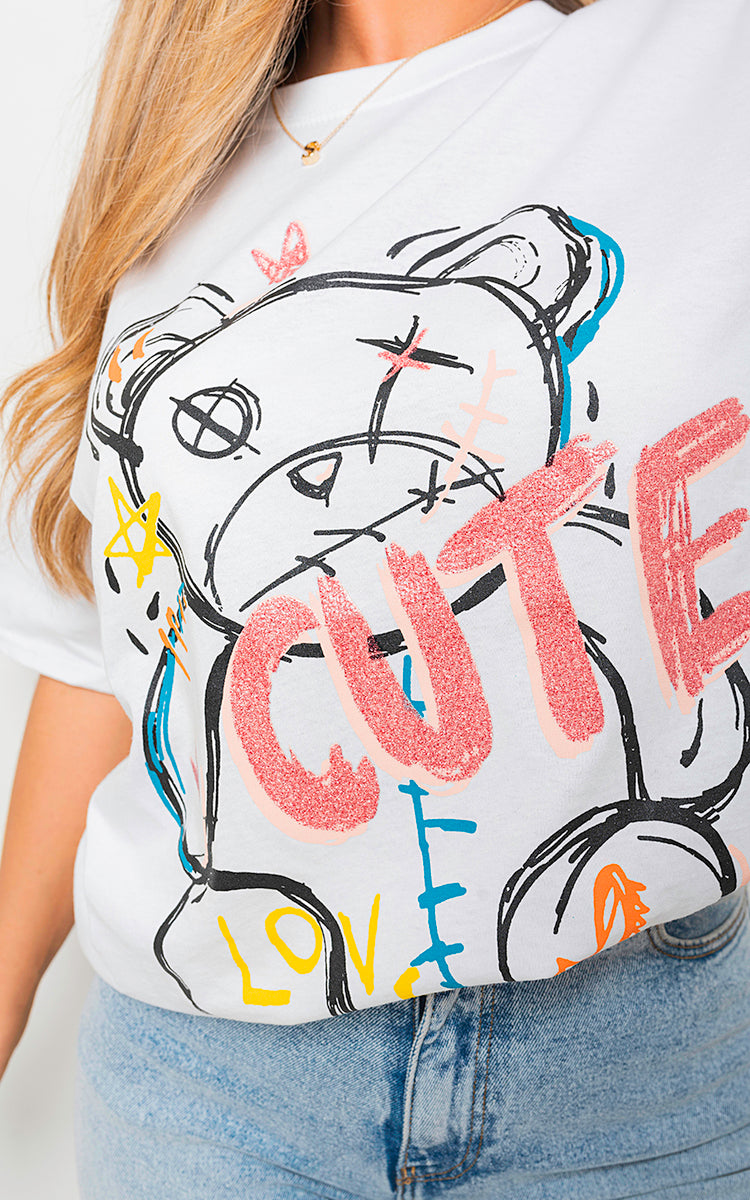 Cute Teddy Graphic Glitter Detail T-Shirt - Black River UK