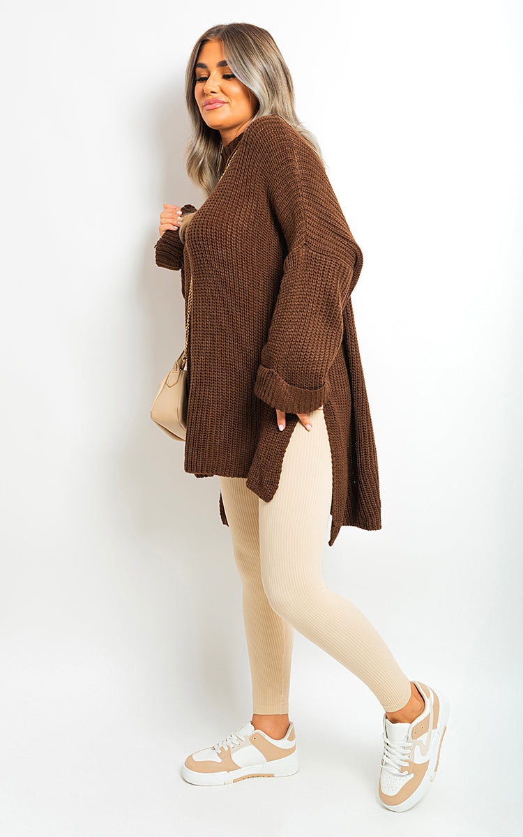 High Neck Oversized Long Sleeve Knitted Jumper - Black River UK