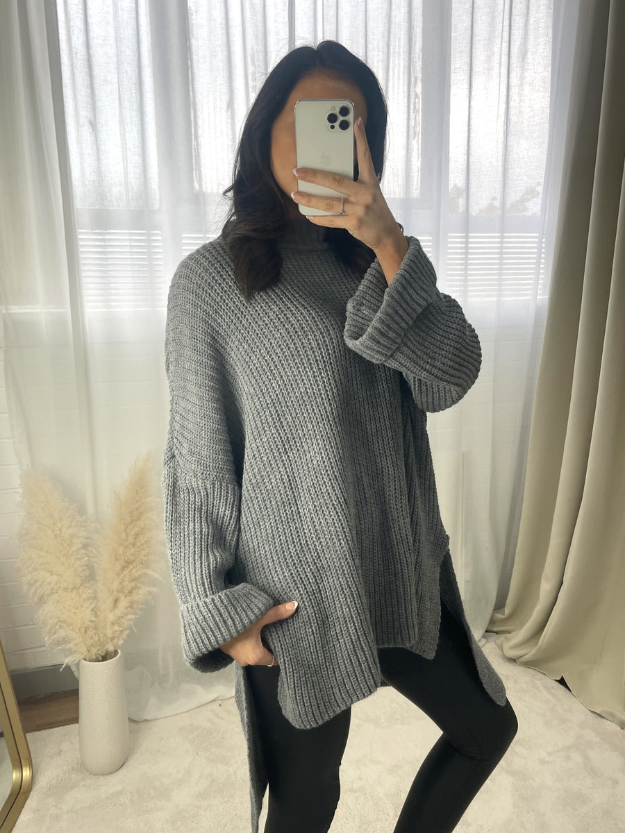 High Neck Oversized Long Sleeve Knitted Jumper - Black River UK
