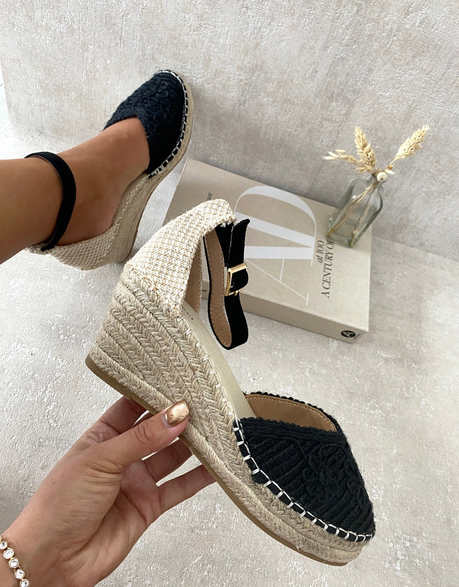 Two Tone Slingback Closed Toe Wedge Sandals - Black River UK