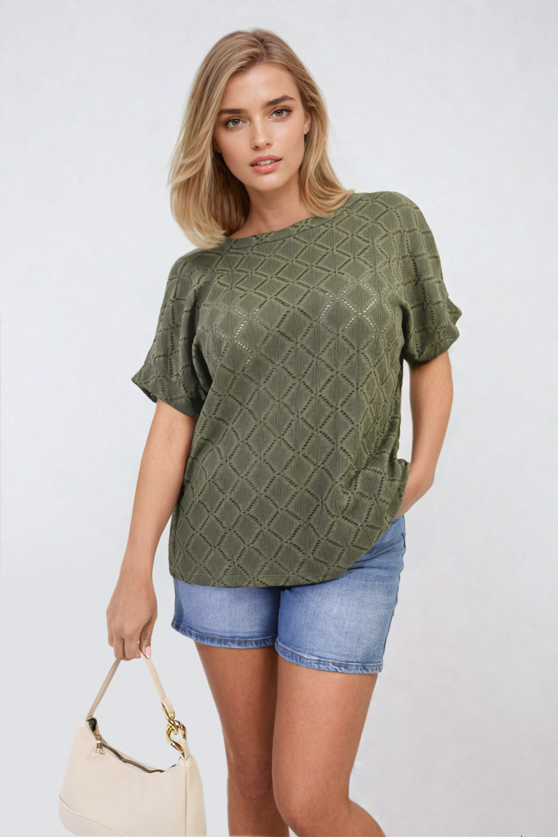 Bow Back Eyelet Details Short Sleeve Oversized Top - Black River UK