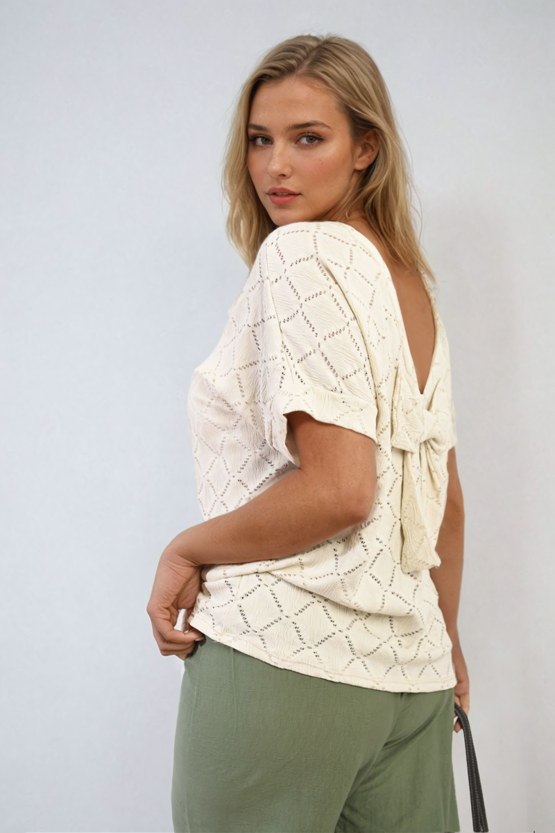 Bow Back Eyelet Details Short Sleeve Oversized Top - Black River UK