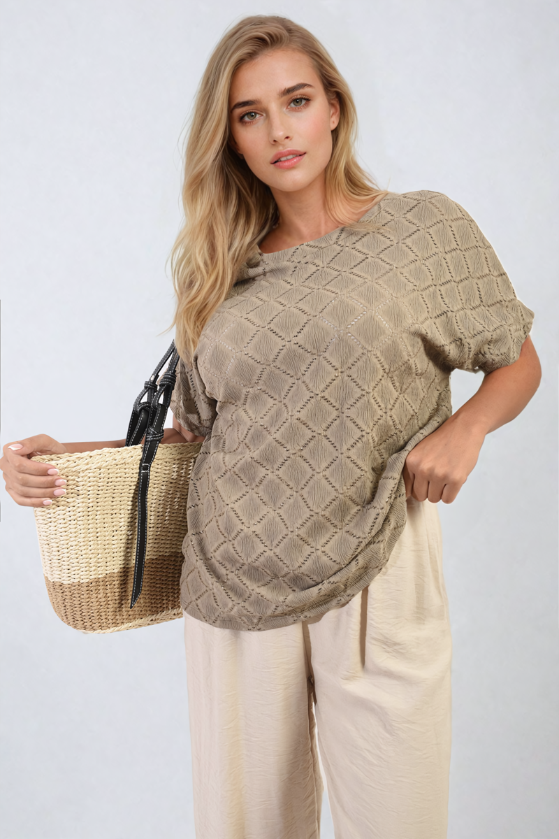 Bow Back Eyelet Details Short Sleeve Oversized Top - Black River UK