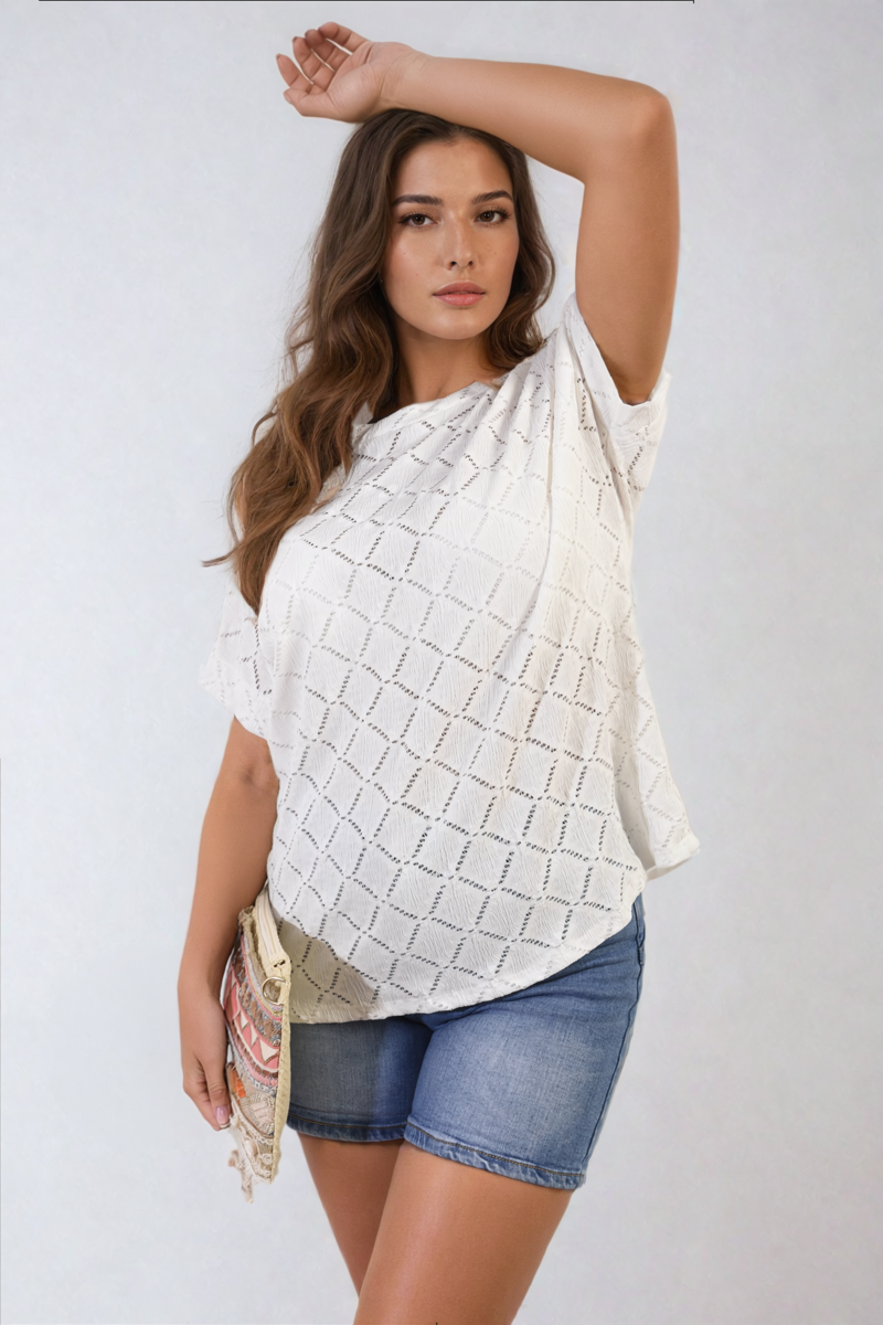 Bow Back Eyelet Details Short Sleeve Oversized Top - Black River UK