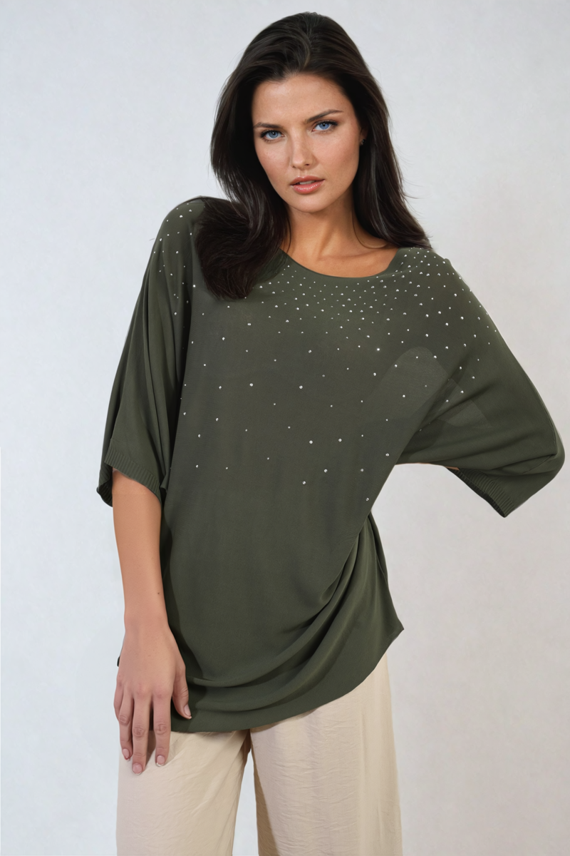 Round Neck Studded Oversized Top - Black River UK