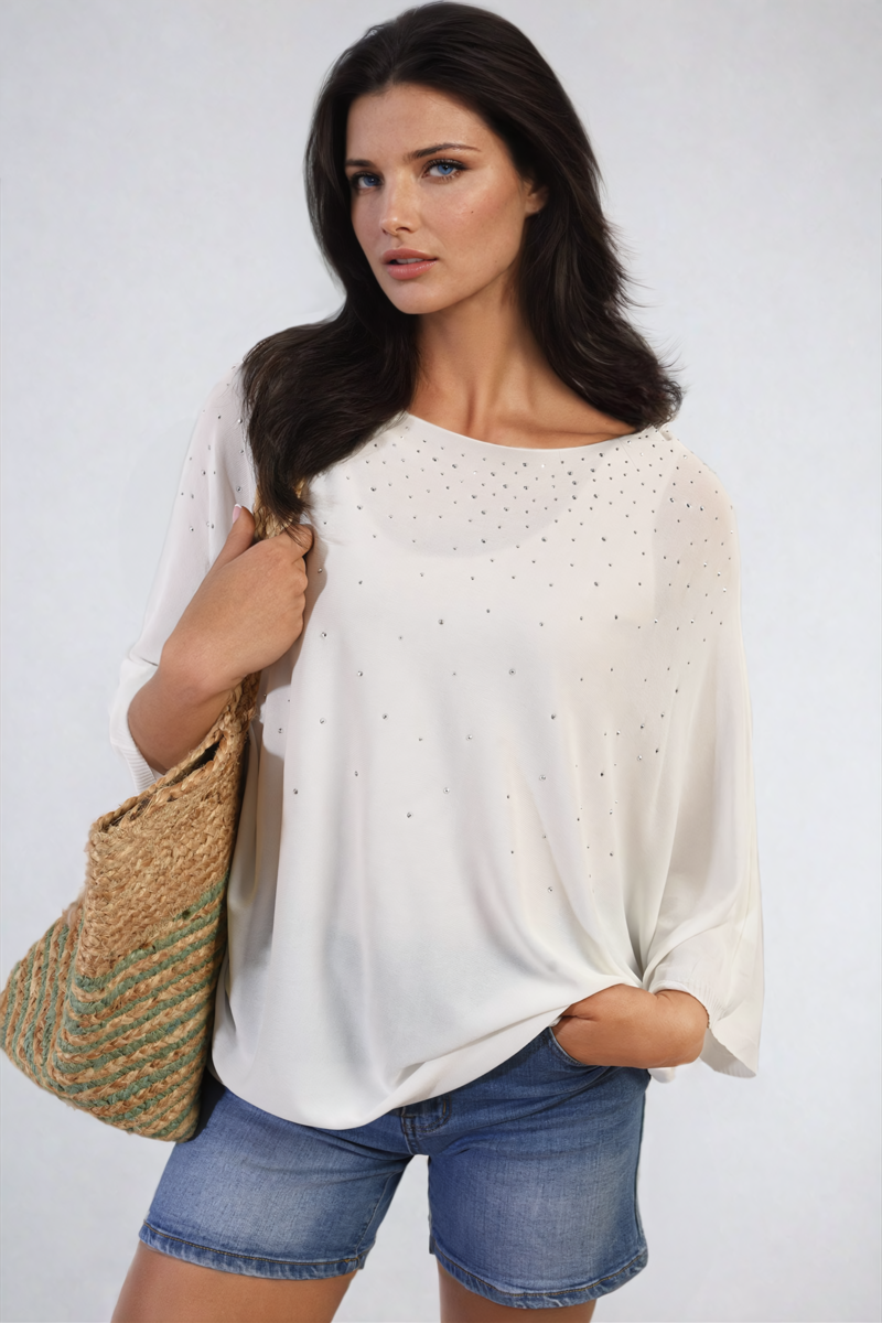 Round Neck Studded Oversized Top - Black River UK