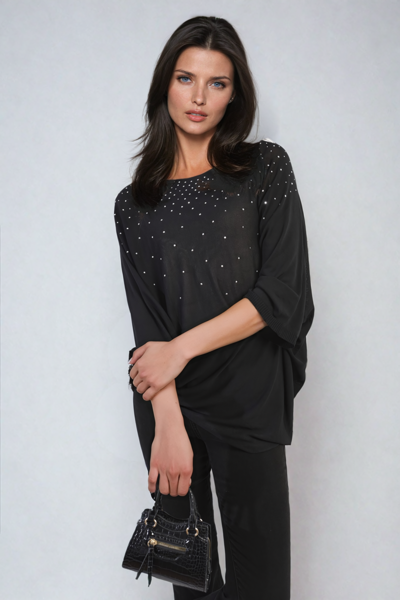 Round Neck Studded Oversized Top - Black River UK
