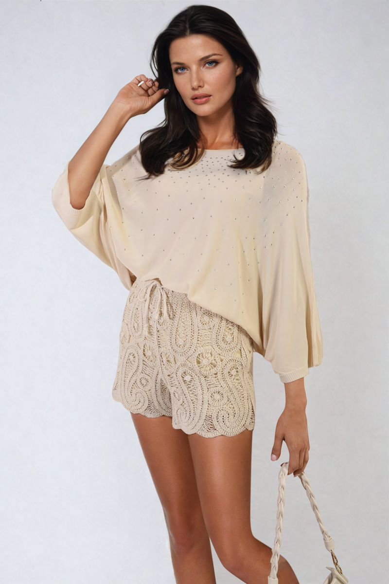 Round Neck Studded Oversized Top - Black River UK