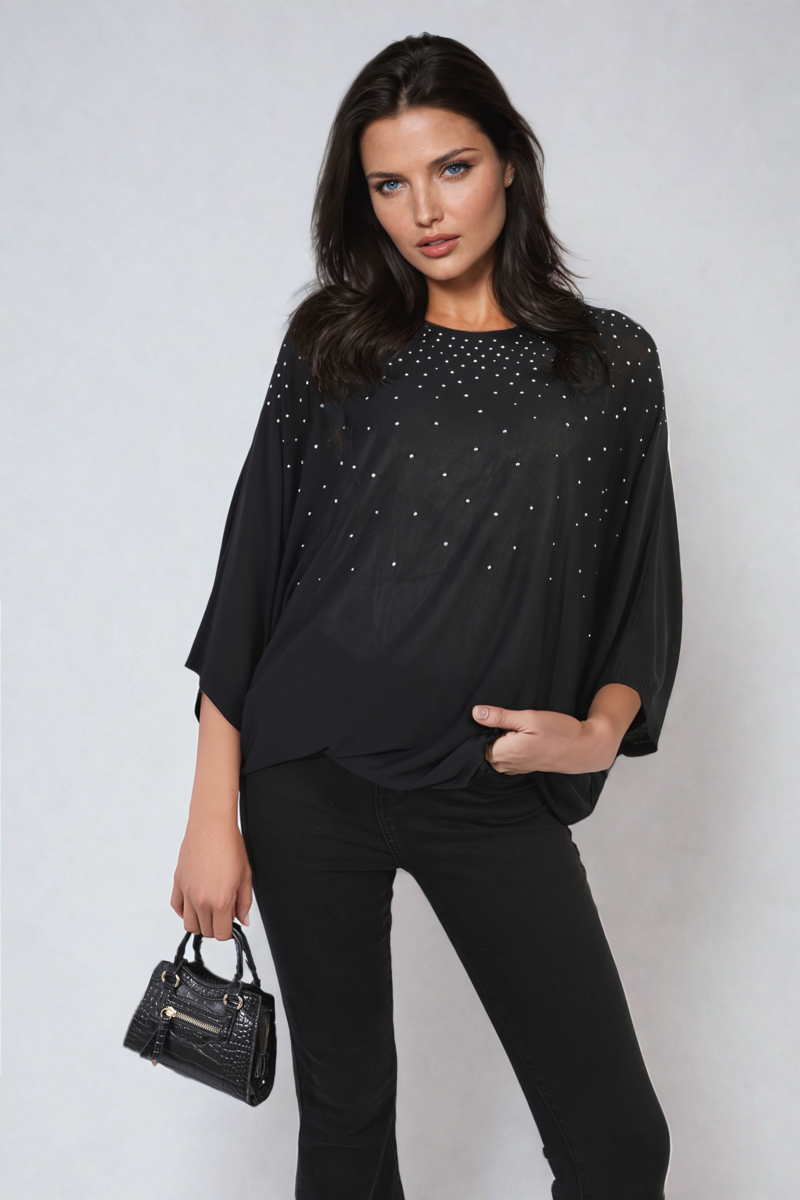 Round Neck Studded Oversized Top - Black River UK