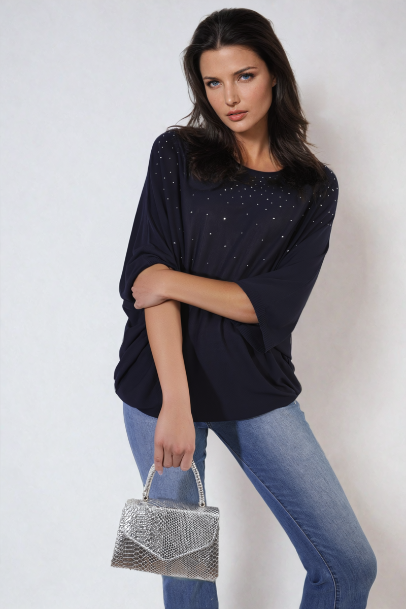 Round Neck Studded Oversized Top - Black River UK