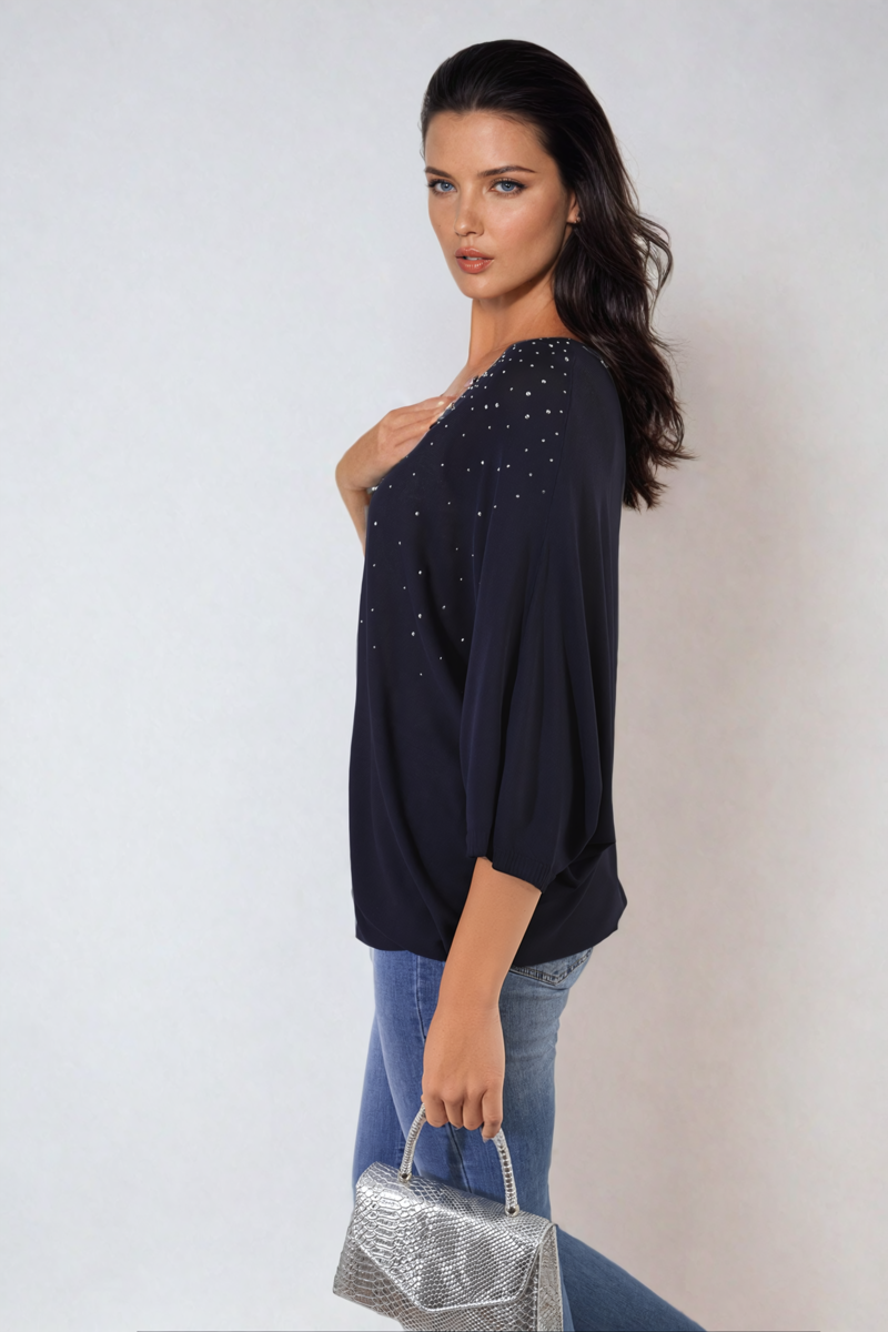 Round Neck Studded Oversized Top - Black River UK
