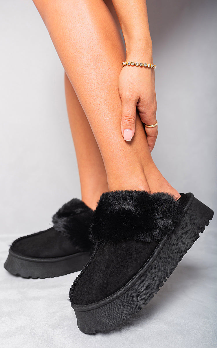 Faux Fur Trim Whisp Chunky Platform Slippers - Black River UK