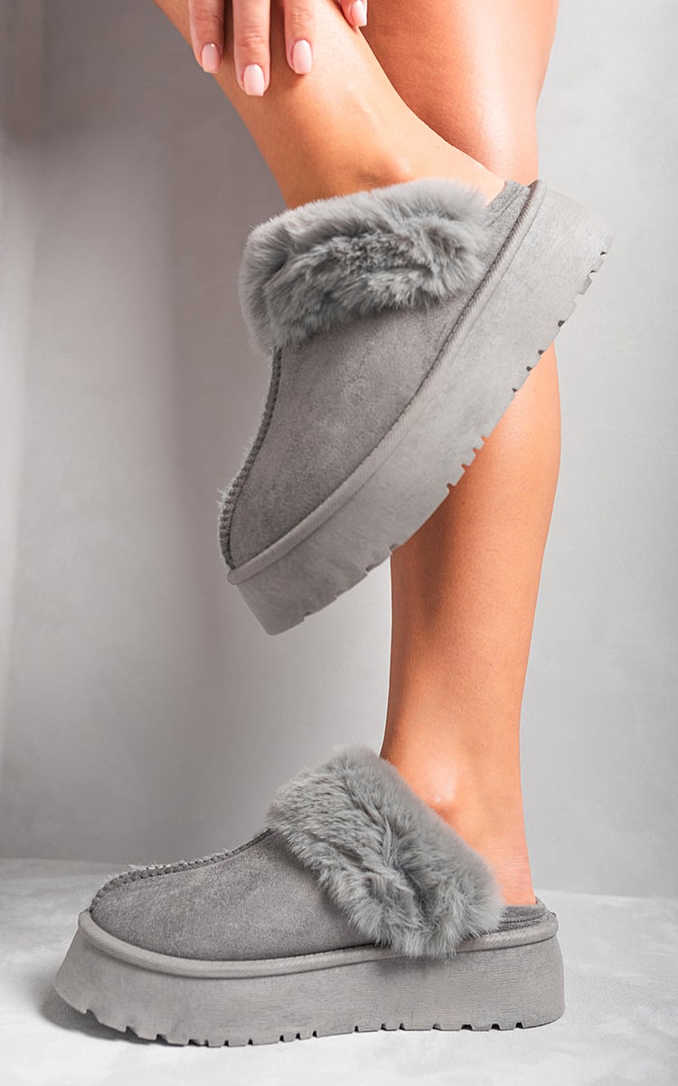 Faux Fur Trim Whisp Chunky Platform Slippers - Black River UK