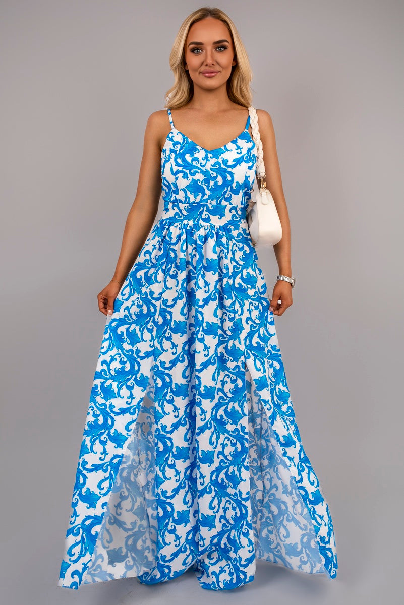 V Neck Spaghetti Strap Maxi Dress with All Over Print - Black River UK
