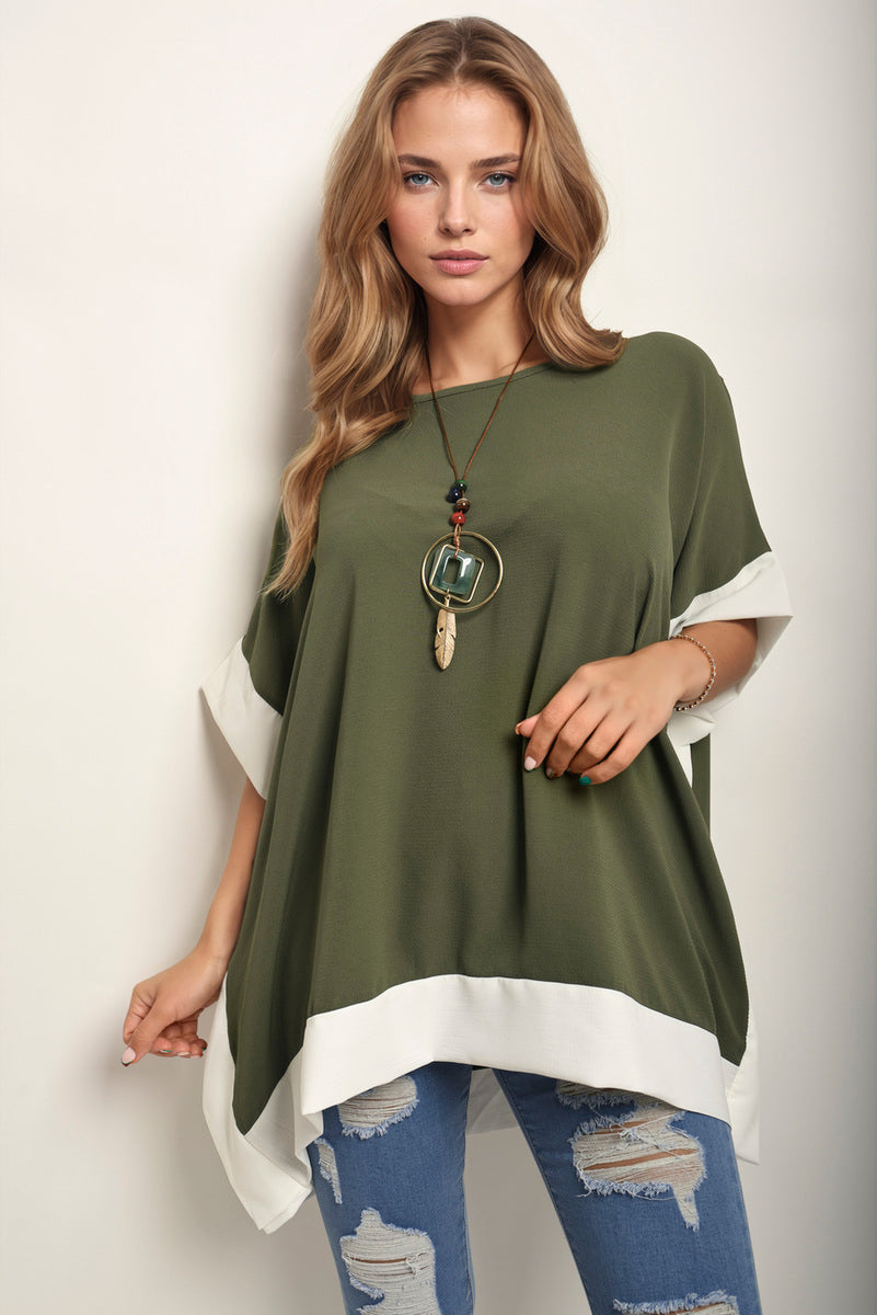 Oversized Contrast Hem Flare Sleeve Top - Black River UK