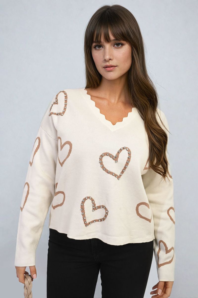 V-neck Embellished Hearts Long Sleeve Knitted Jumper - Black River UK