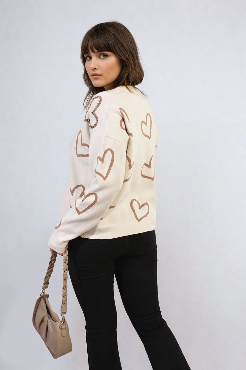 V-neck Embellished Hearts Long Sleeve Knitted Jumper - Black River UK