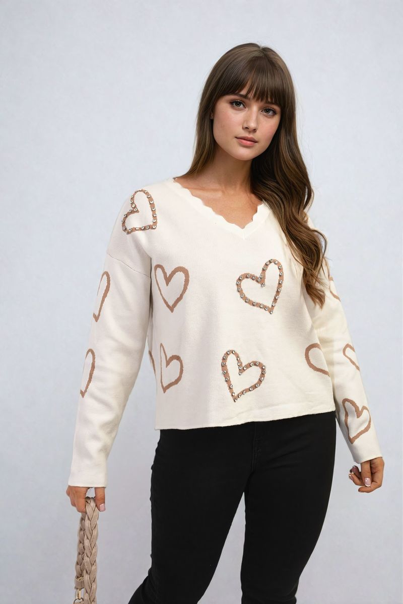 V-neck Embellished Hearts Long Sleeve Knitted Jumper - Black River UK