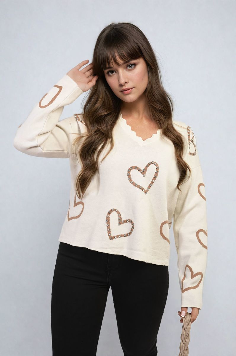 V-neck Embellished Hearts Long Sleeve Knitted Jumper - Black River UK