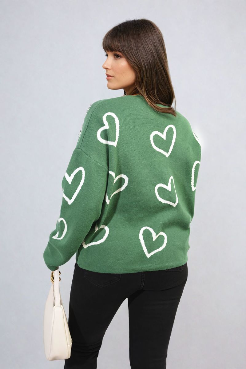 V-neck Embellished Hearts Long Sleeve Knitted Jumper - Black River UK