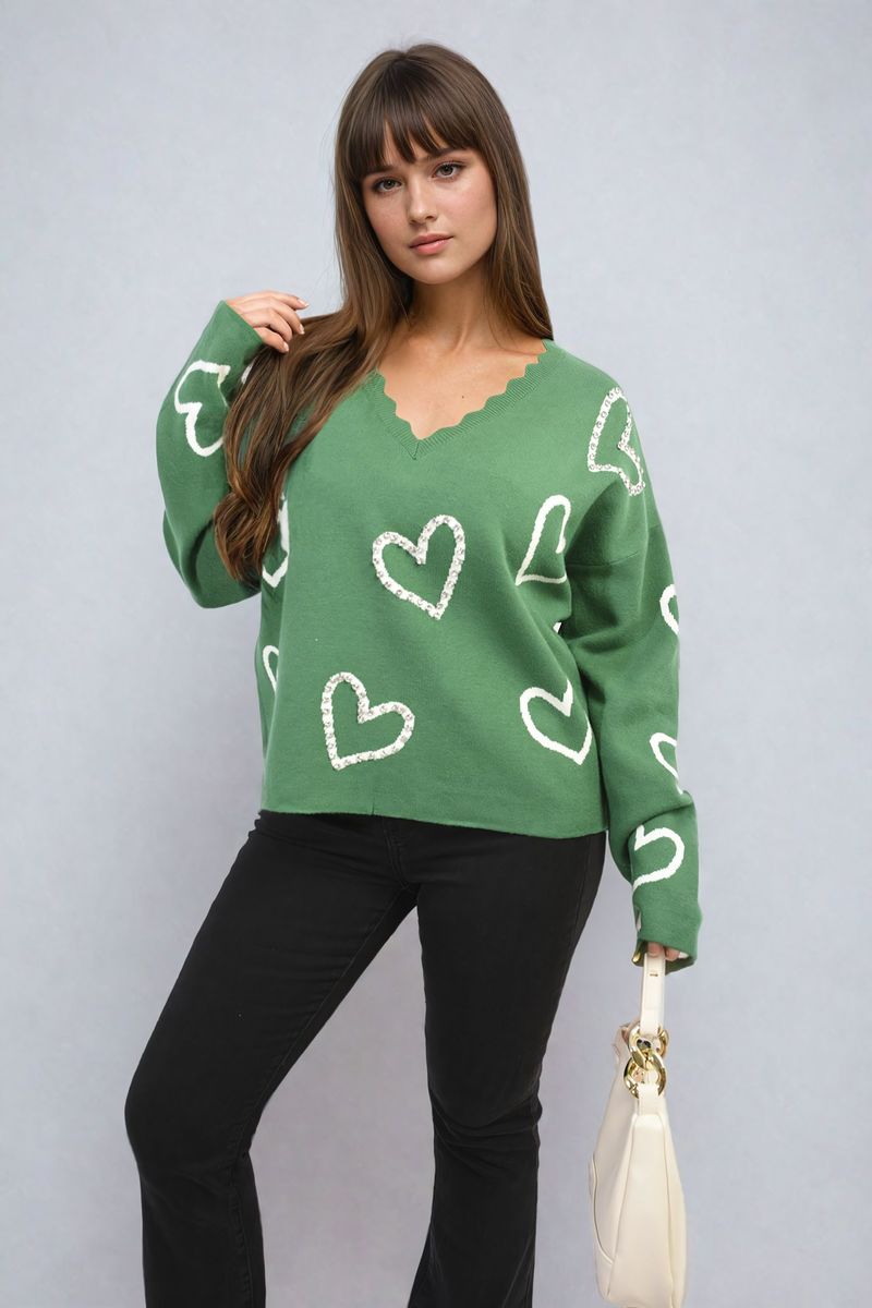 V-neck Embellished Hearts Long Sleeve Knitted Jumper - Black River UK