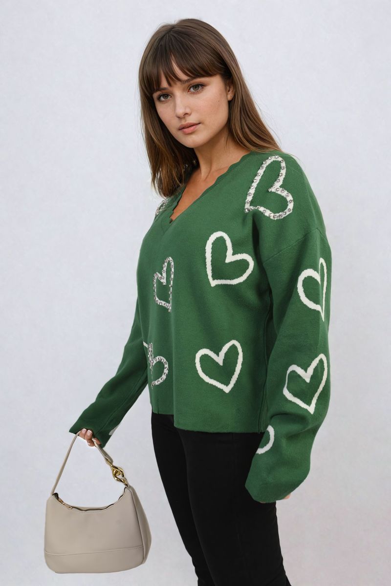 V-neck Embellished Hearts Long Sleeve Knitted Jumper - Black River UK